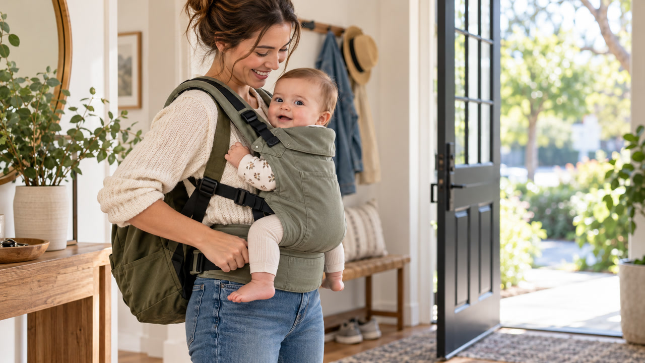 Parent wearing a baby high and upright in a structured carrier with the baby face clearly visible