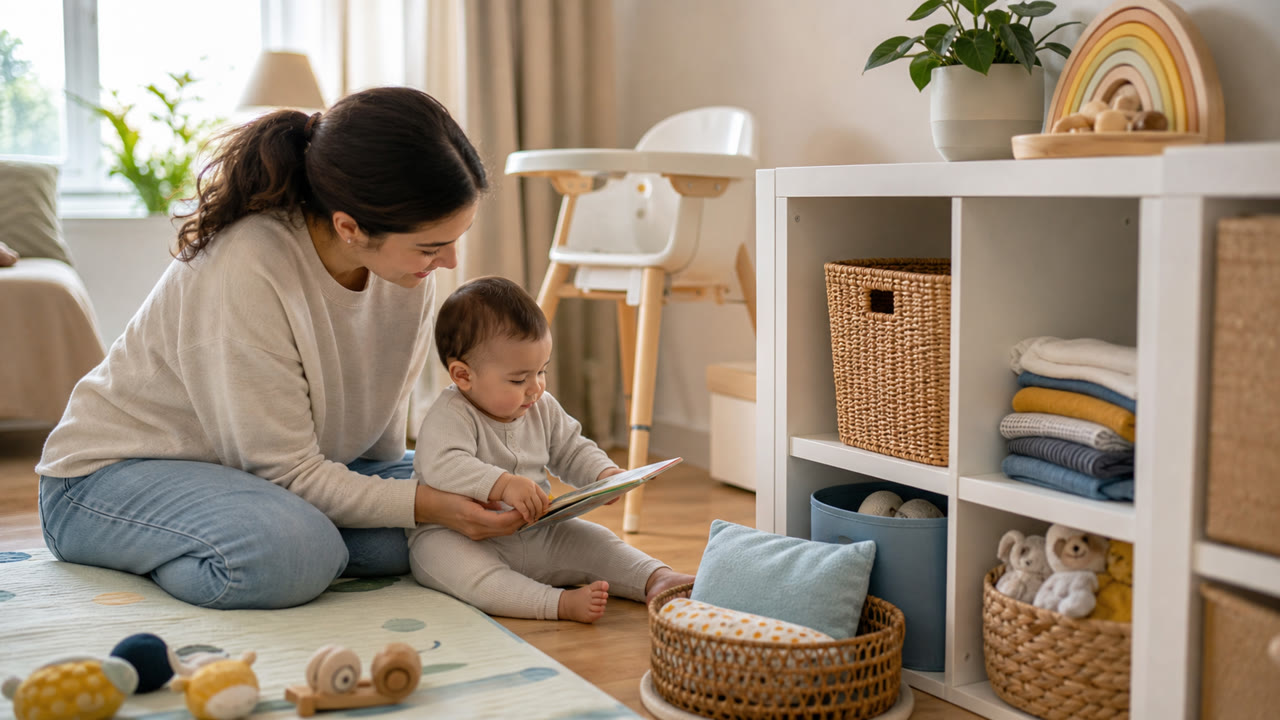 Parent and baby following a calm daily routine with books, toys, and nursery items