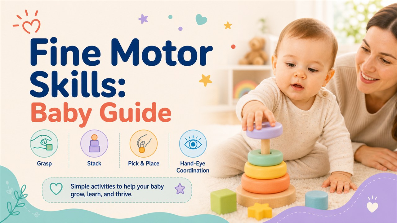 Baby practicing fine motor skills with stacking rings and a parent nearby