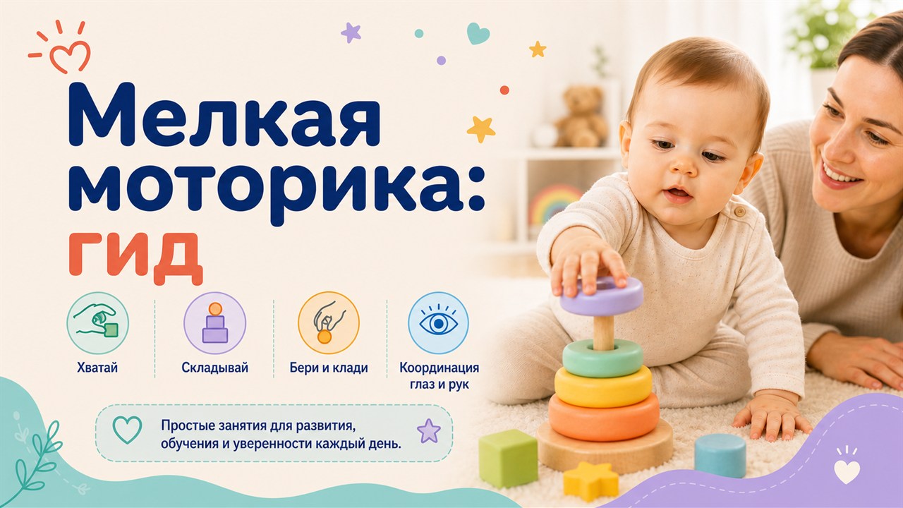 Малыш тренирует мелкую моторику с пирамидкой рядом с родителем