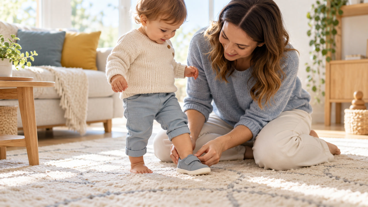 Parent helping a standing toddler try on a lightweight flexible first shoe near a sofa