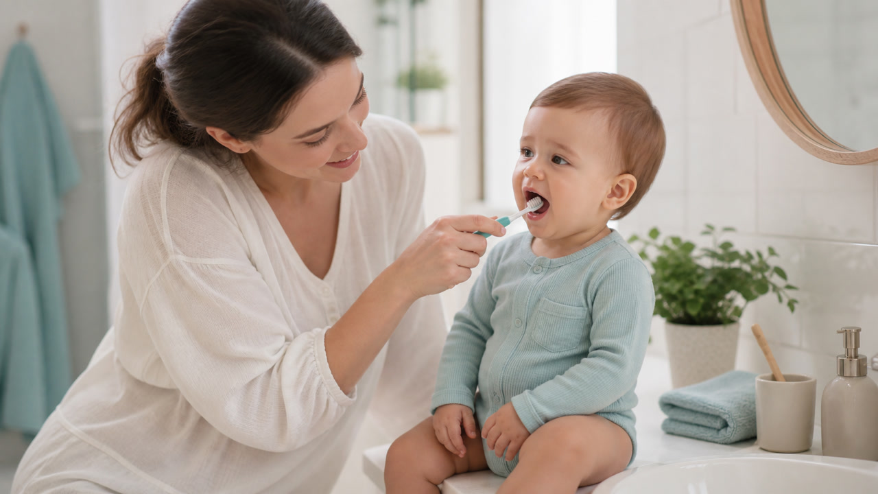 Parent gently brushing an older baby’s first teeth with a small soft toothbrush