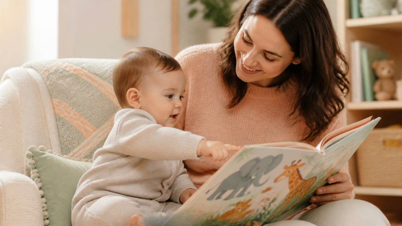 Baby pointing at an animal picture in a large book while a parent smiles and responds