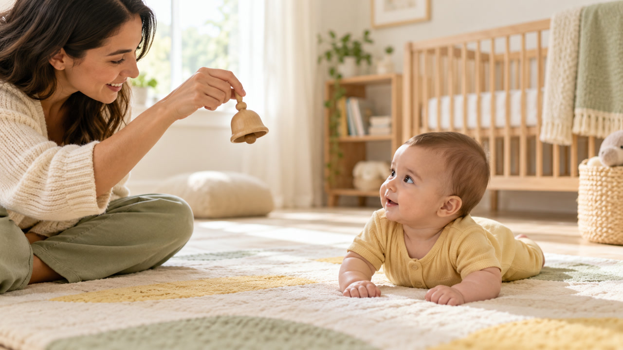 Baby lying on a soft mat and listening to a small wooden bell held safely nearby