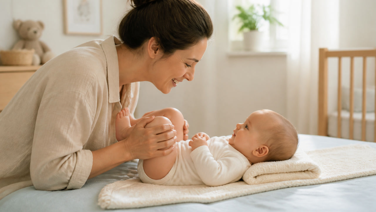 Parent gently massaging a relaxed awake baby’s legs on a soft blanket