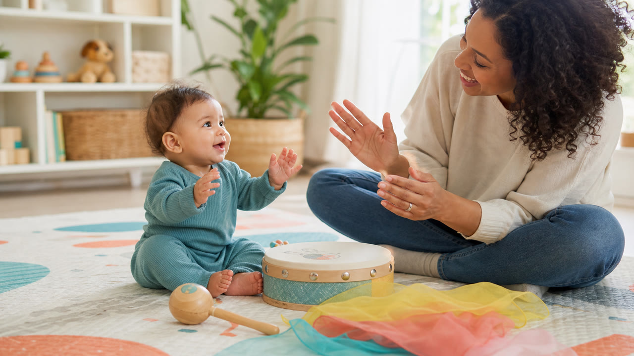 Parent clapping and singing with a baby during gentle music and movement play