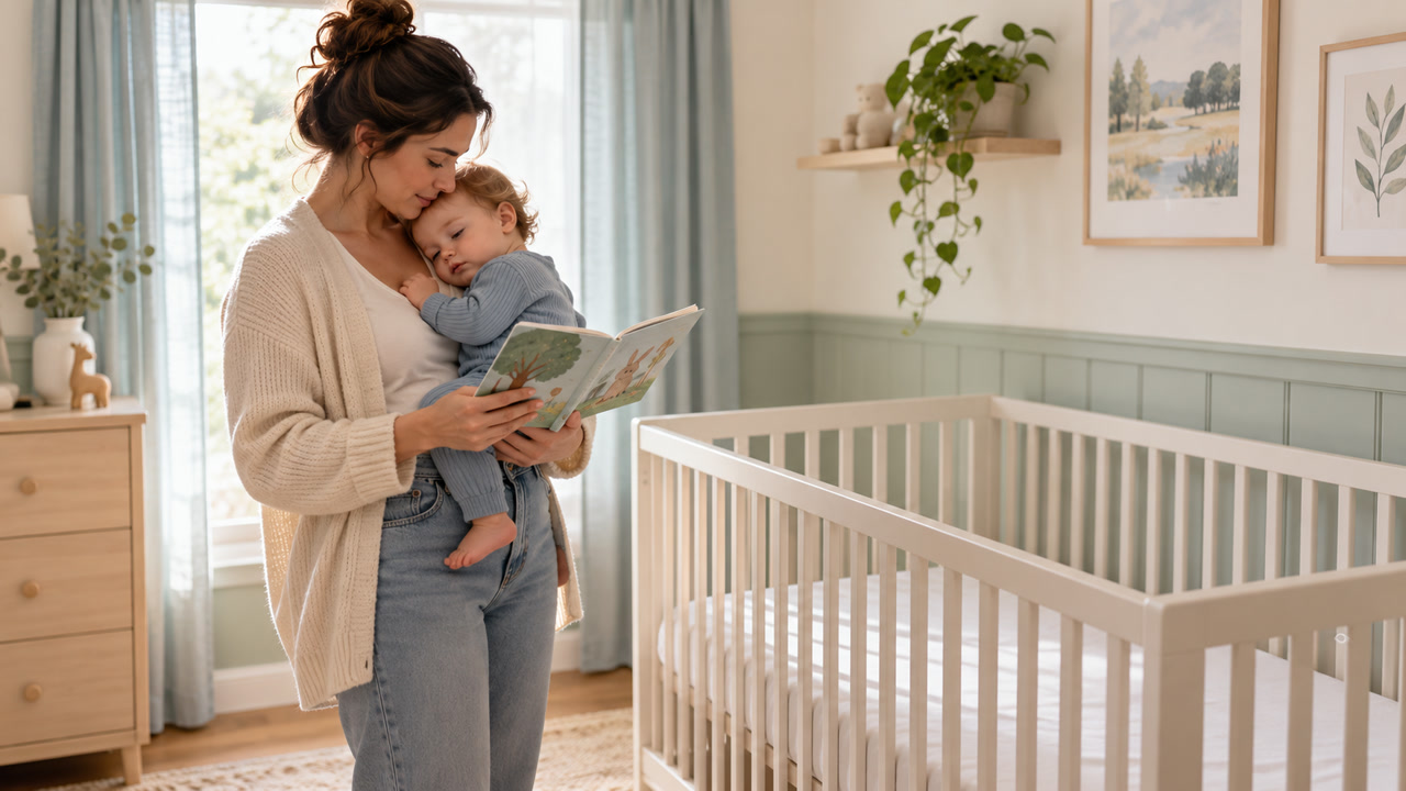 Parent reading quietly beside a sleepy baby near an empty crib in a calm nursery