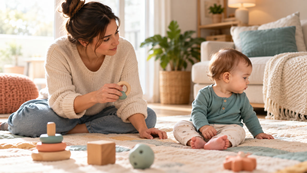 Baby turning away from a colorful toy while a parent notices the cue in a calm bright room