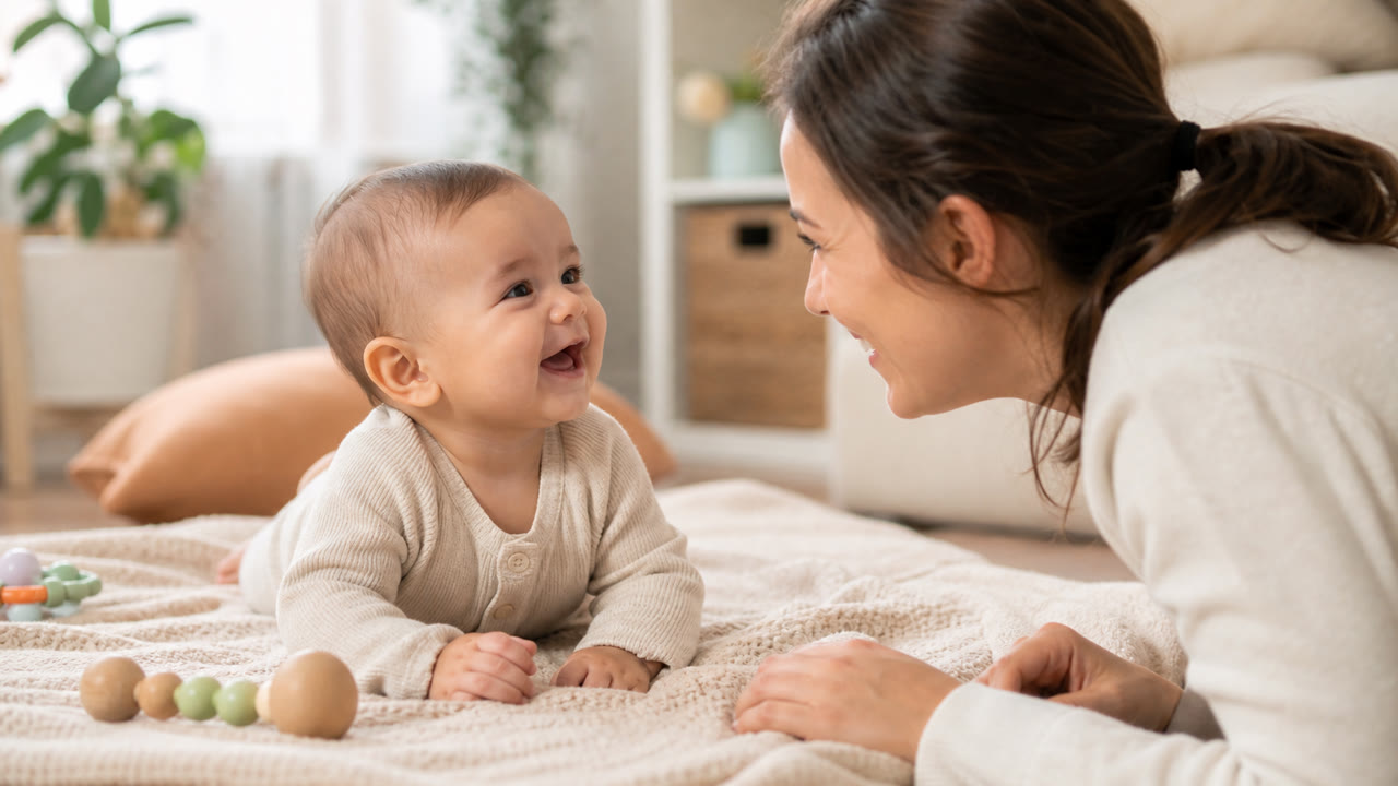 Baby smiling at a parent during warm face-to-face play