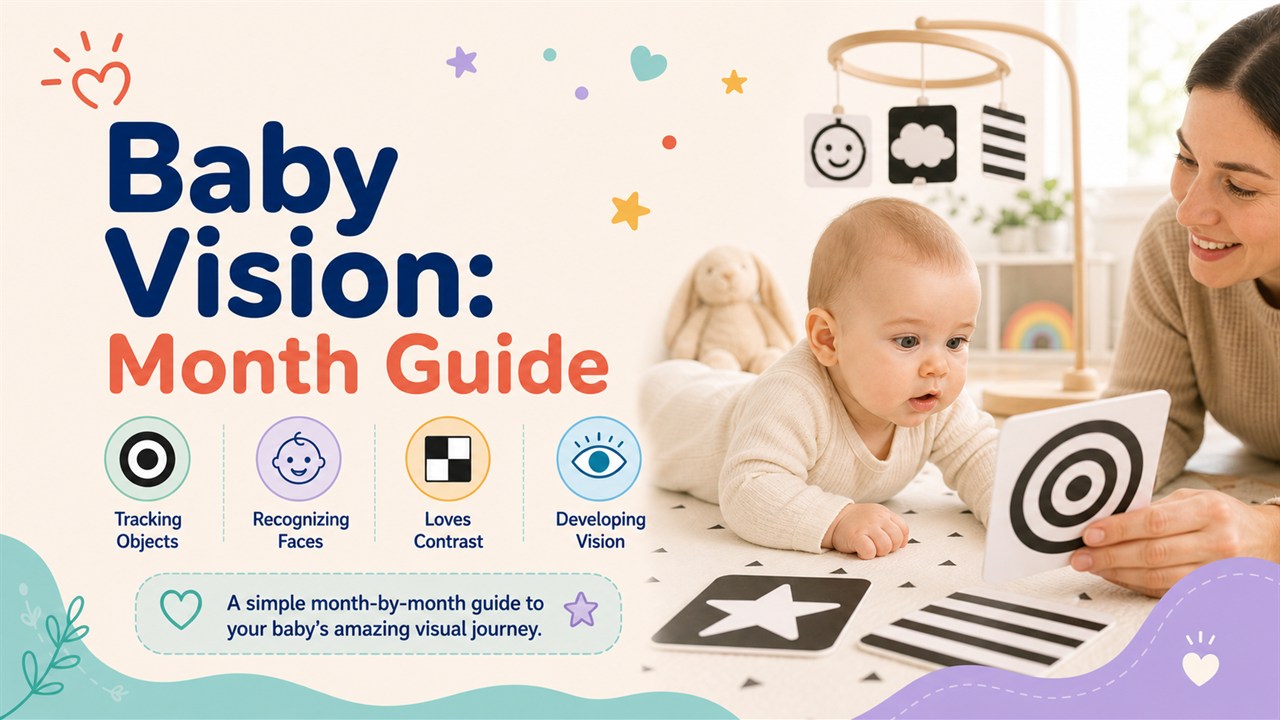 Baby looking at high-contrast vision cards with a parent nearby