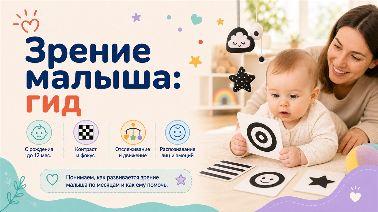 Малыш смотрит на контрастные карточки для развития зрения рядом с родителем