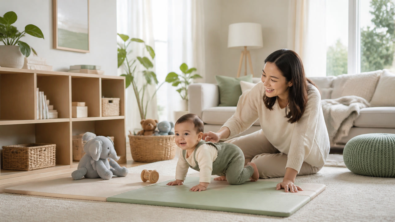 Crawling baby exploring a tidy living room while a parent stays close on the floor