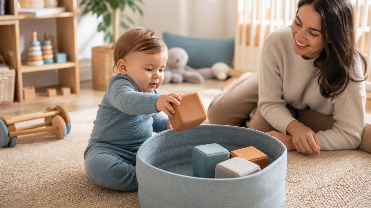 Baby dropping large soft blocks into a wide fabric container while a parent watches nearby