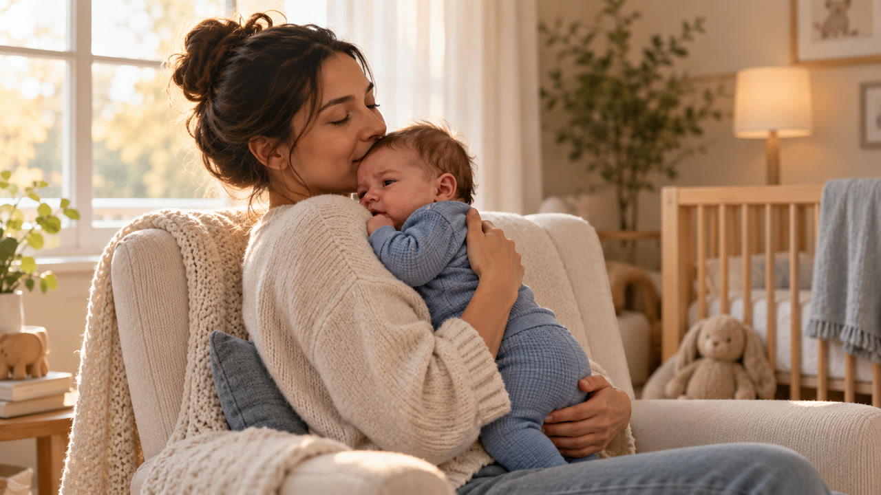 Parent holding and calmly soothing a slightly fussy baby near a sunlit window