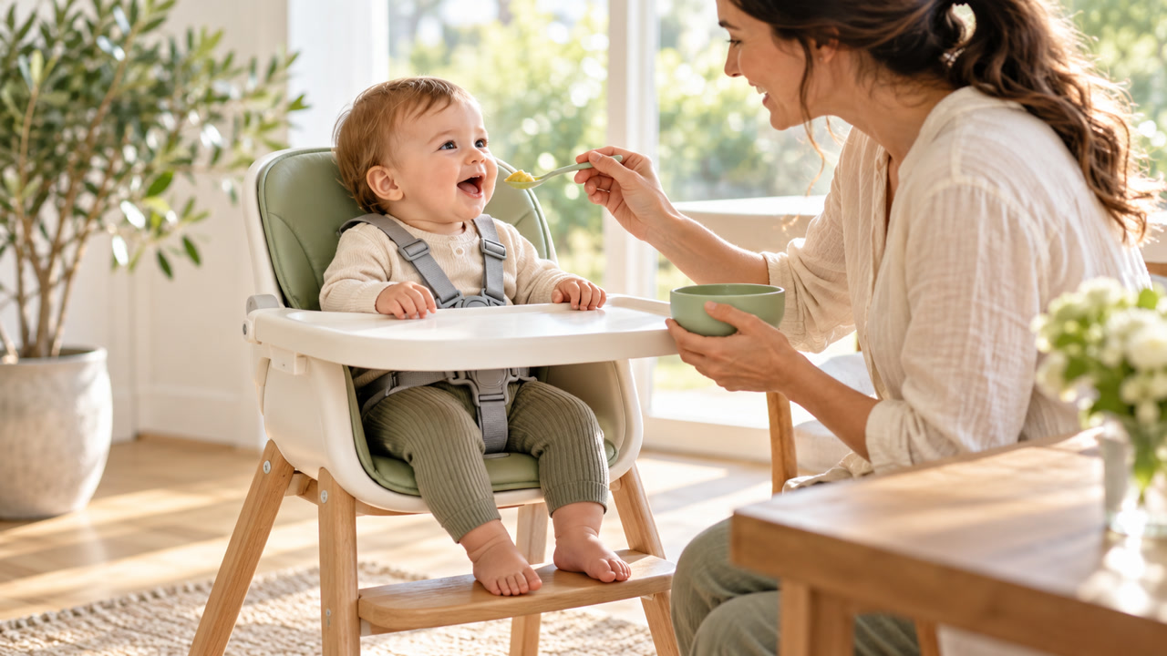Baby secured with a harness in a stable high chair while a parent offers a spoon nearby