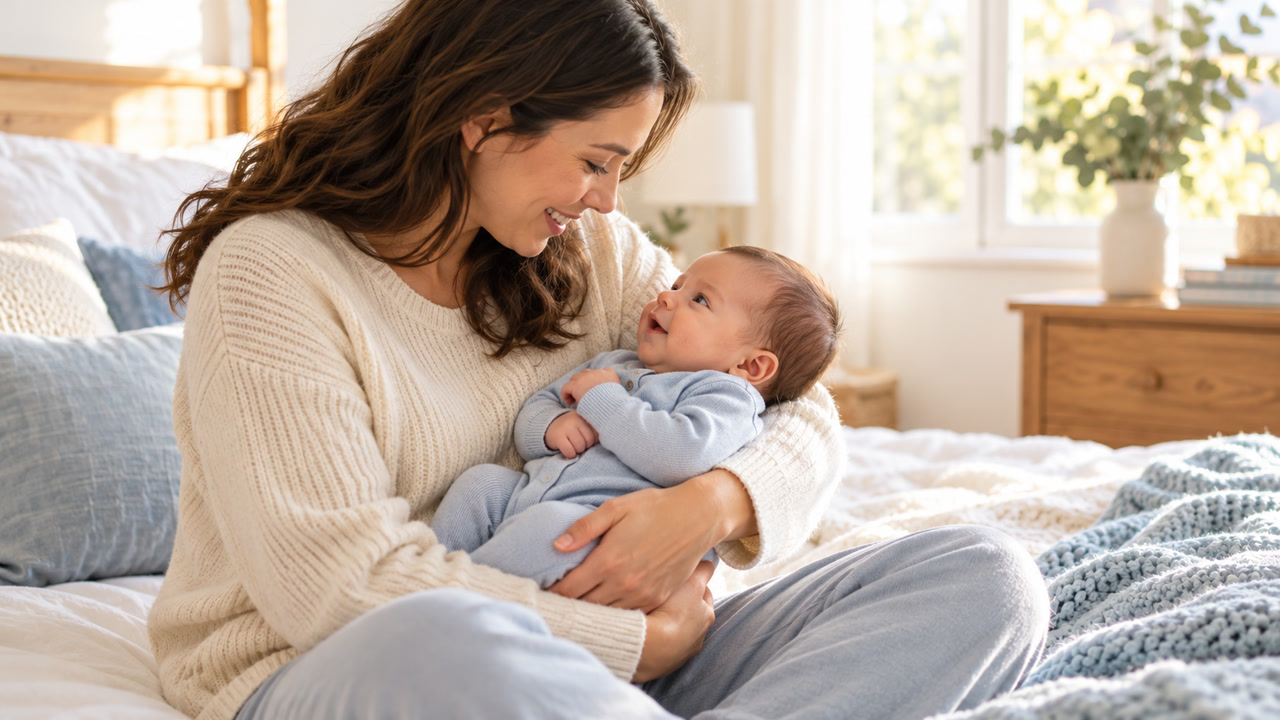 Parent in soft neutral clothing cradling a newborn on a bright bed and making gentle eye contact