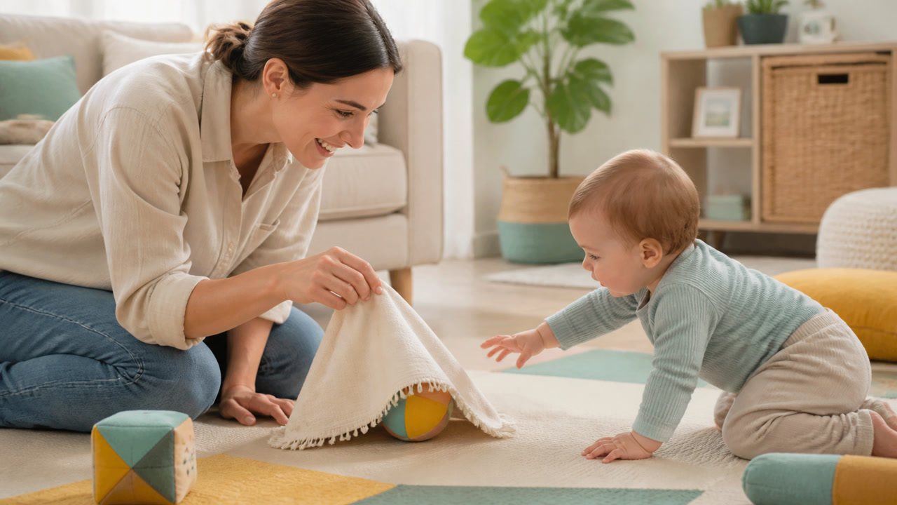 Parent playing peekaboo with a baby who reaches for a toy under a light cloth