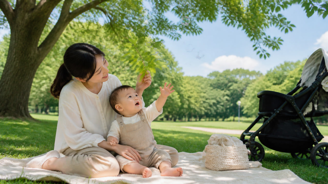 Parent and baby sitting together on a shaded picnic blanket in a green park