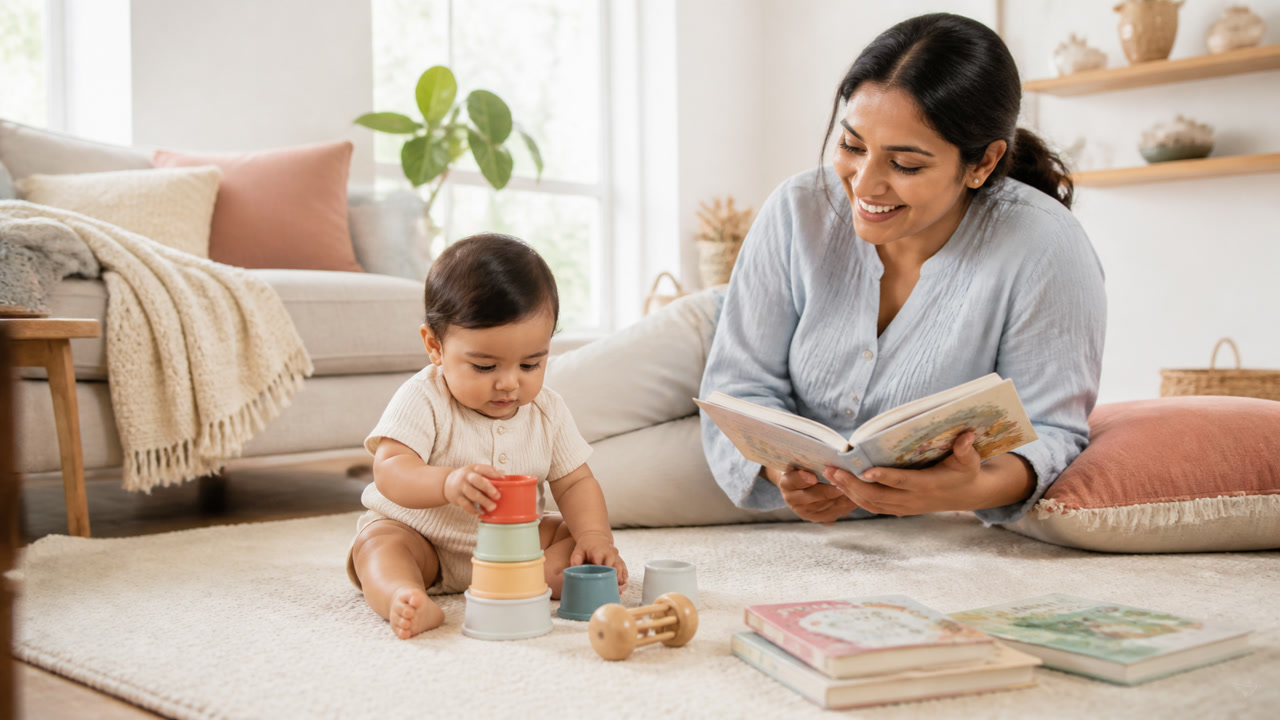 Baby playing with stacking cups and board books while a parent reads nearby in a bright room