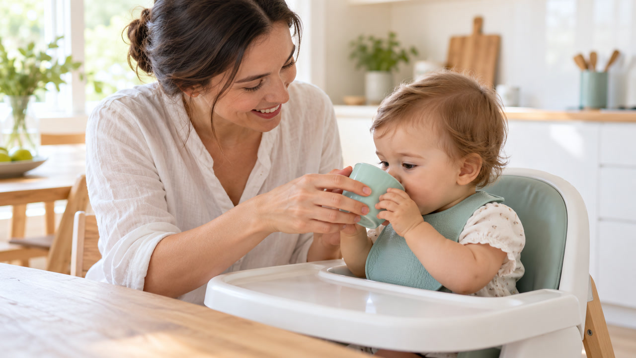Older baby sitting upright in a high chair and drinking from a small open cup with help