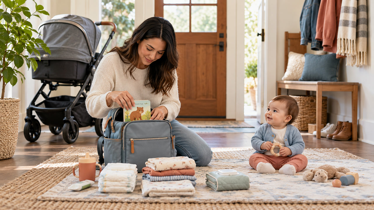 Parent packing a practical diaper bag while a baby plays safely nearby in a bright room