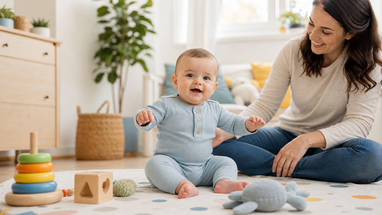 Baby practicing sitting with a parent nearby for support on a soft play mat